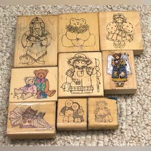 Lot of 9 Wood Mounted Rubber Stamps Featuring Bear and Folk Art Figures